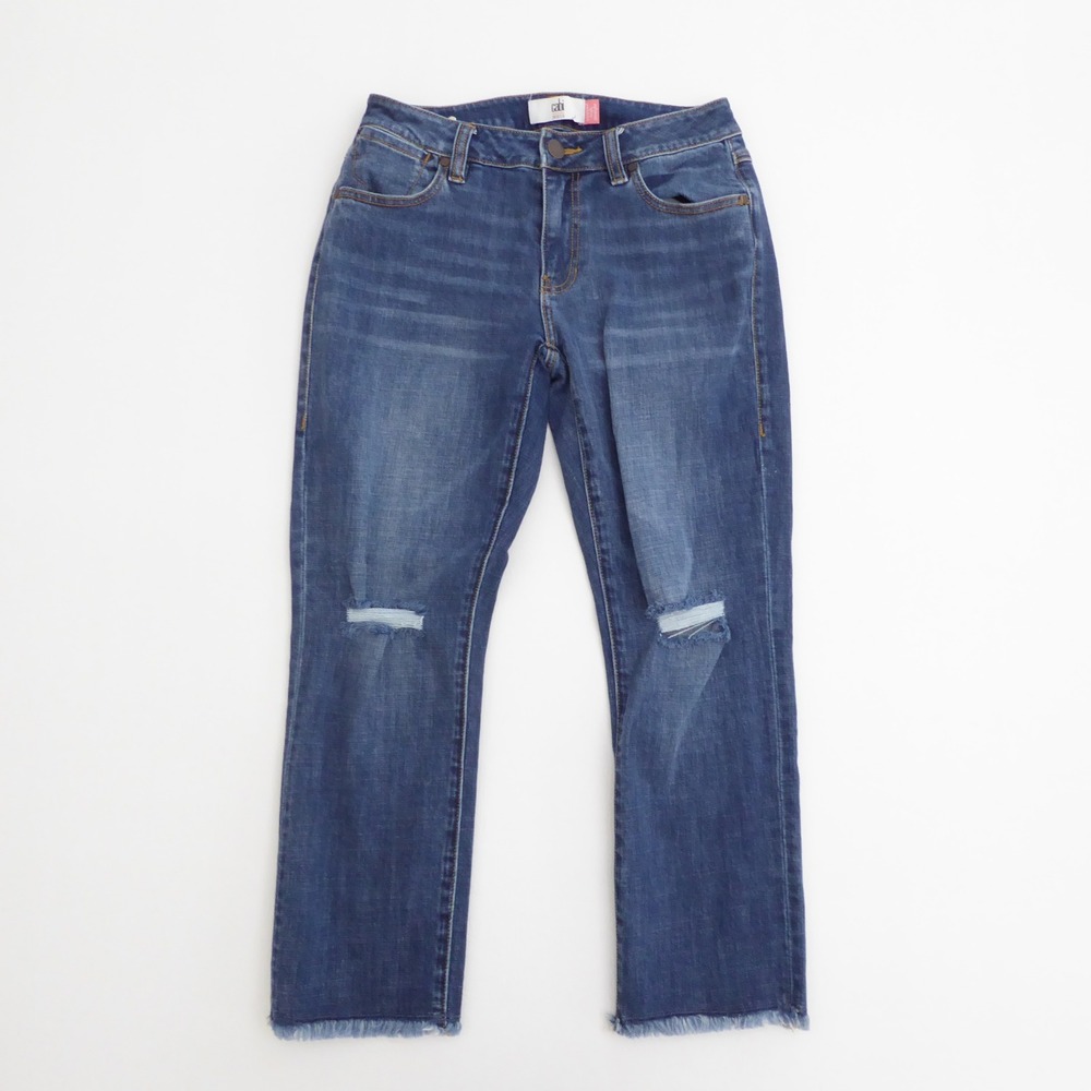 Cabi Women Jeans Blue Cropped High Straight Distressed Raw Hem Size 4